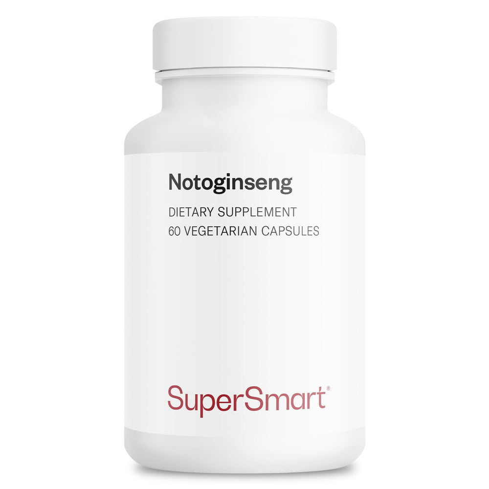 Supersmart Panax Notoginseng bottle label highlighting 75% notoginsenosides for daily support