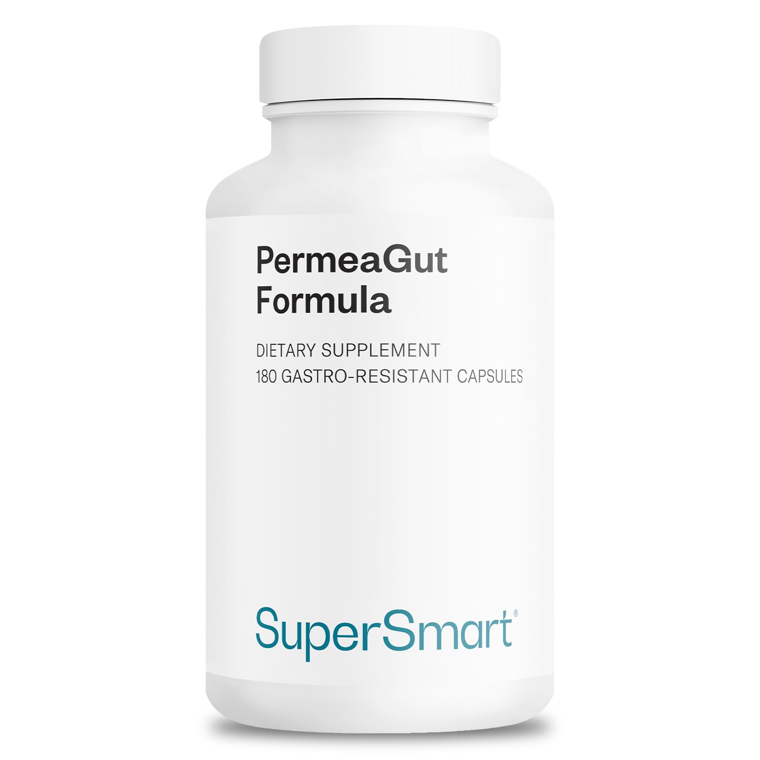 Supersmart PermeaGut bottle front view highlighting vegan, high-potency gut support