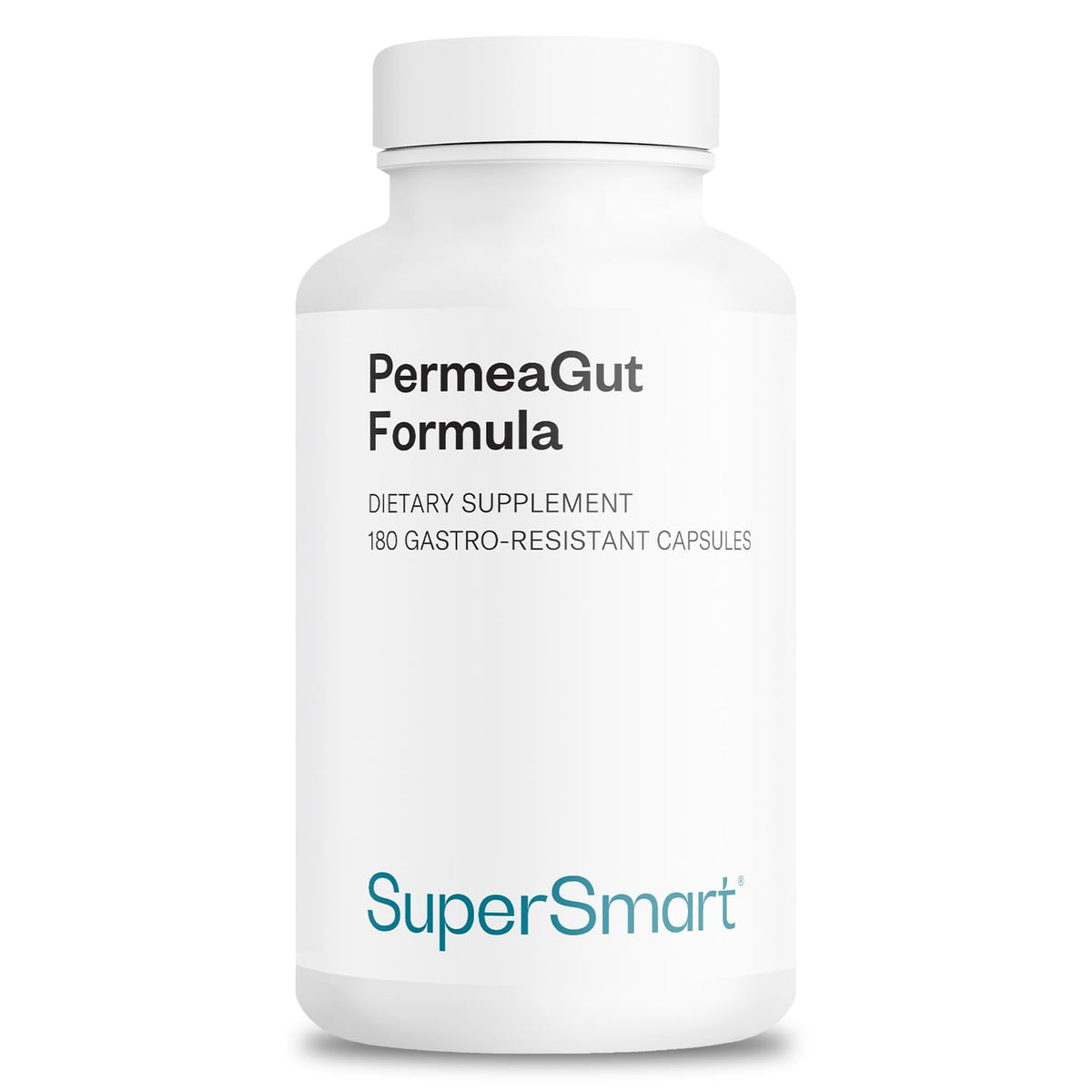 Supersmart PermeaGut bottle front view highlighting vegan, high-potency gut support