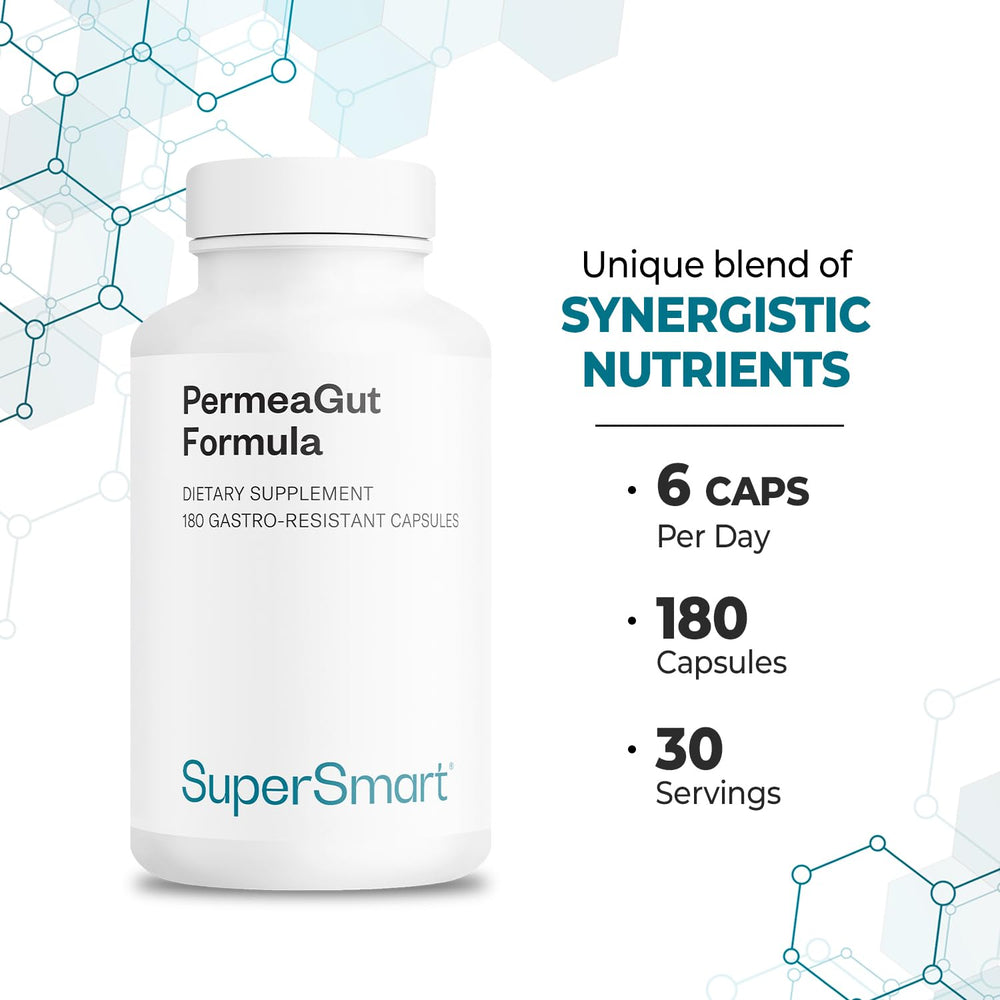 Supersmart PermeaGut capsules next to bottle illustrate simple daily intake