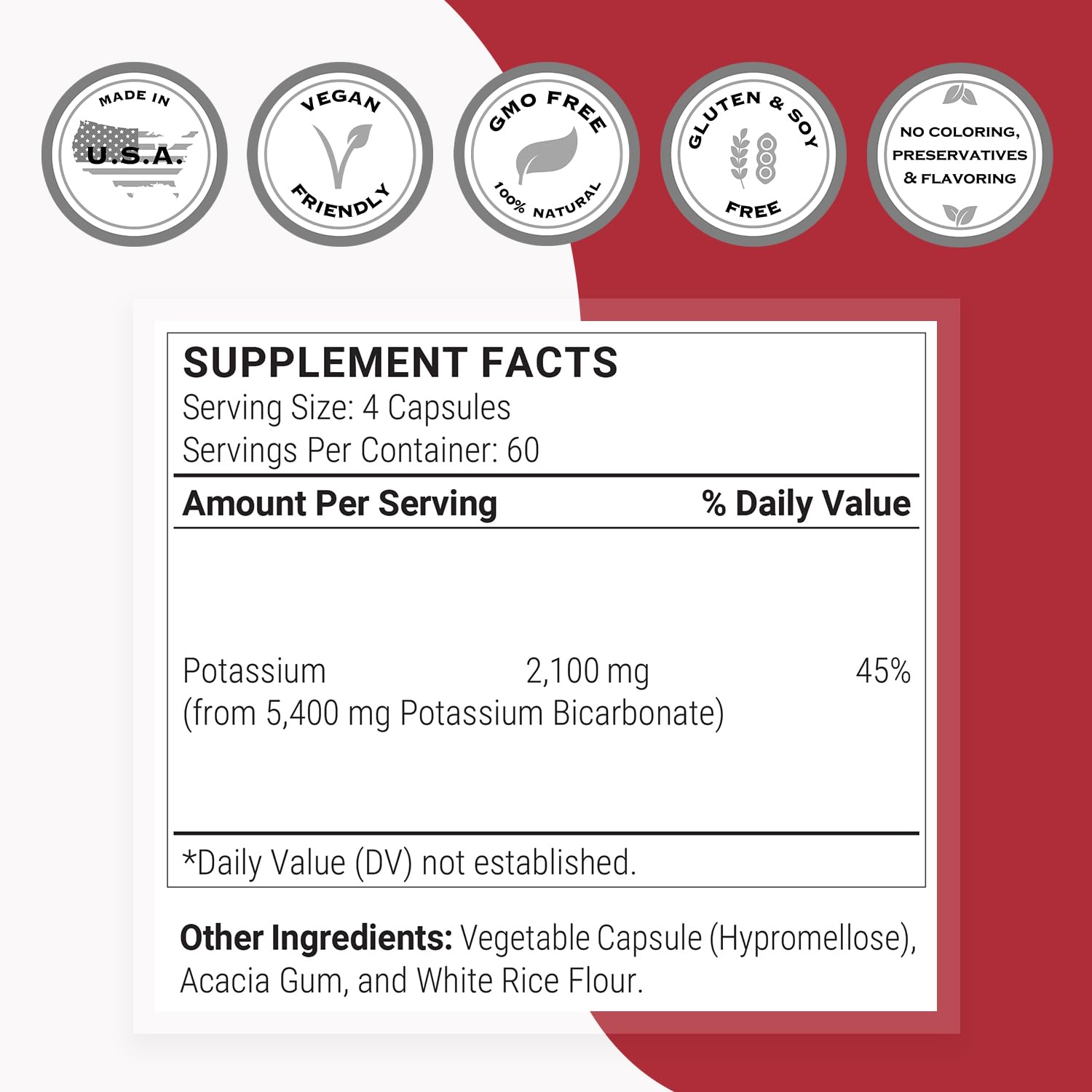 Supersmart Potassium Bicarbonate label on bottle highlighting non-GMO and gluten-free features
