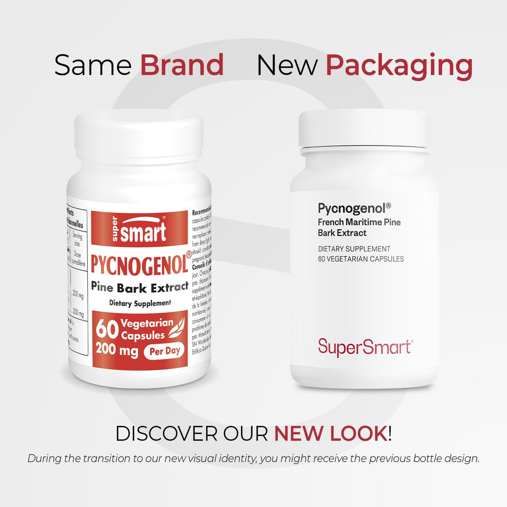 Closeup of Supersmart Pycnogenol capsules showing daily dosage and form.