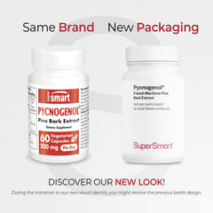 Closeup of Supersmart Pycnogenol capsules showing daily dosage and form.