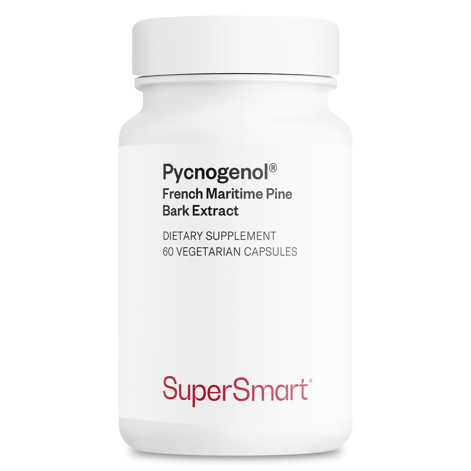 Supersmart Pycnogenol bottle closeup highlighting pine bark extract potency for antioxidant support.