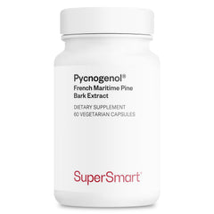 Supersmart Pycnogenol bottle closeup highlighting pine bark extract potency for antioxidant support.