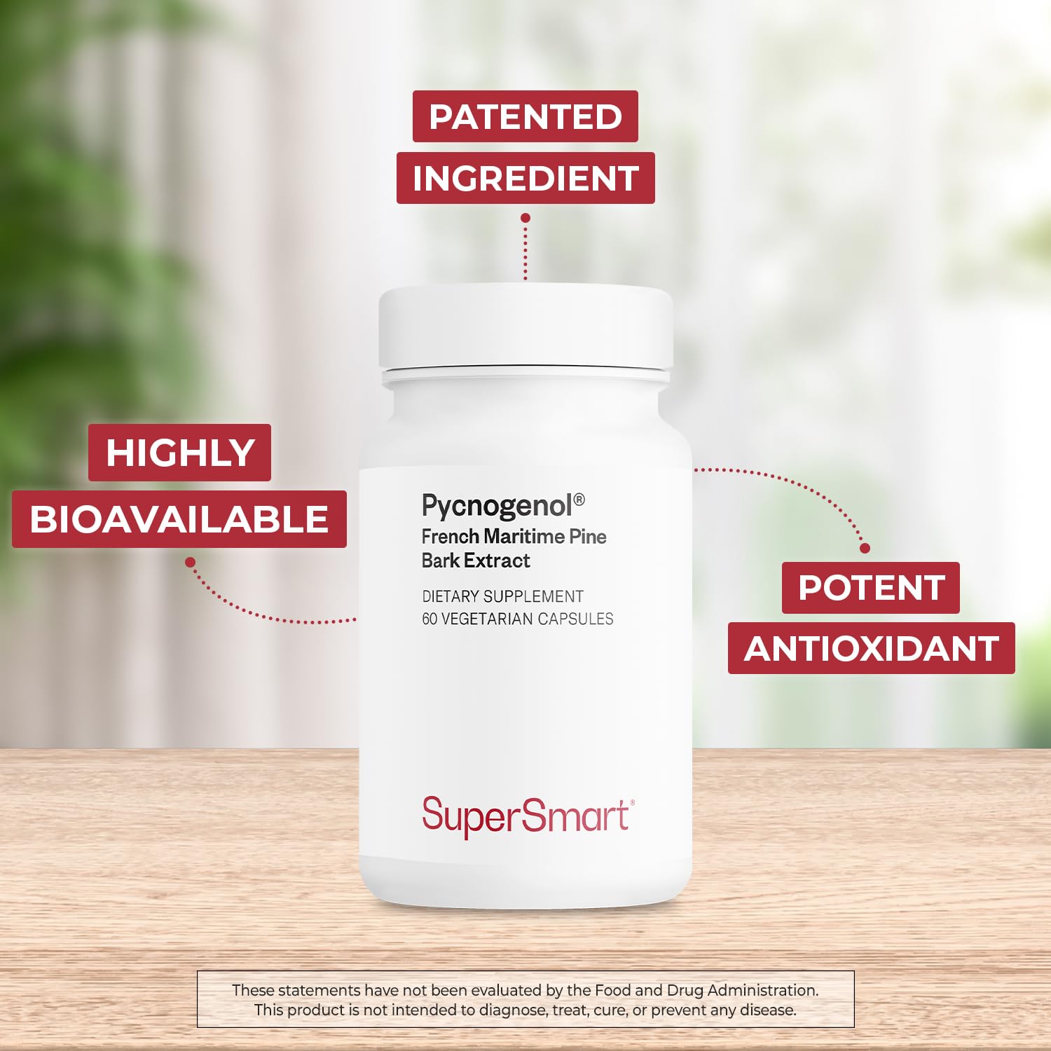 Side view of Supersmart Pycnogenol bottle illustrating compact, convenient packaging.