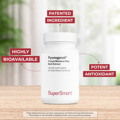 Side view of Supersmart Pycnogenol bottle illustrating compact, convenient packaging.