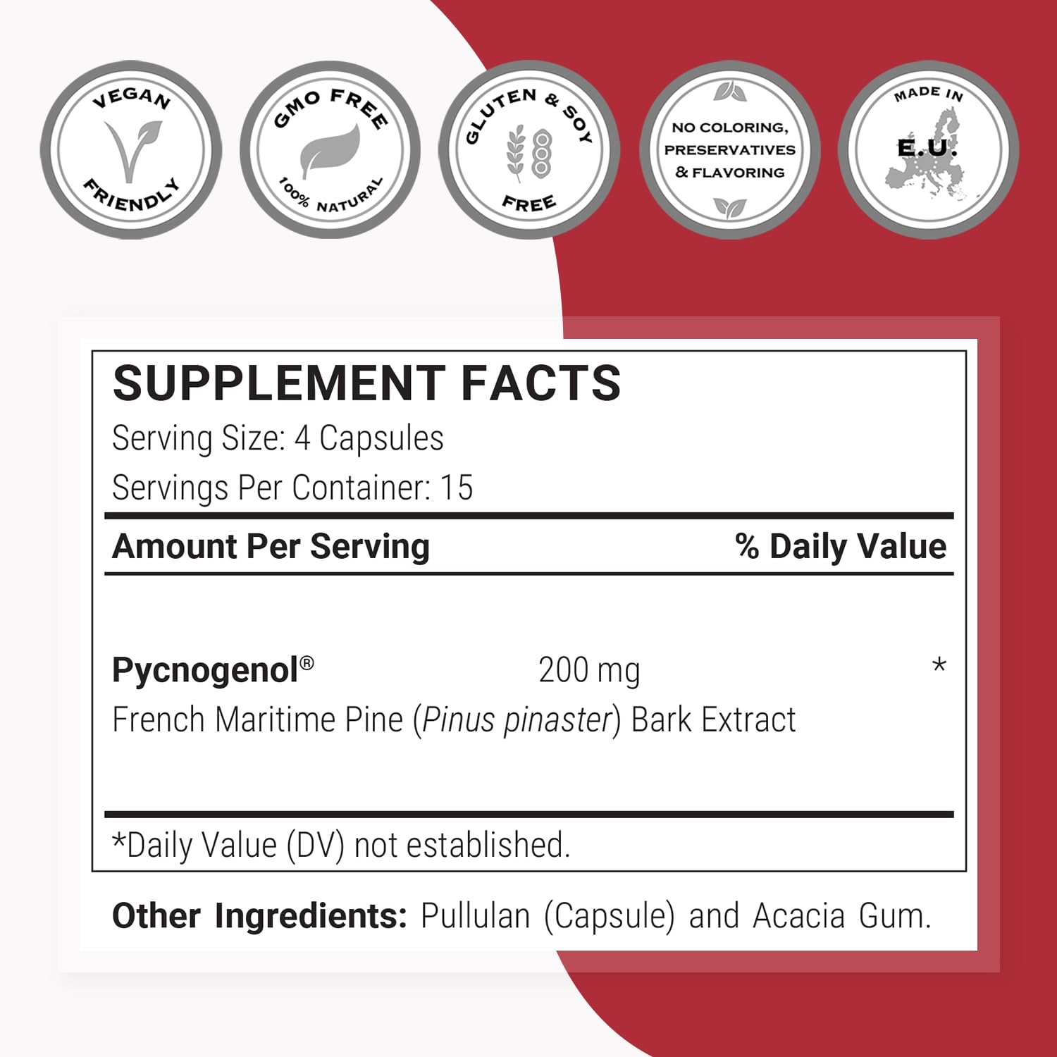 Label detail on Supersmart Pycnogenol packaging displaying non-GMO and gluten-free claims.