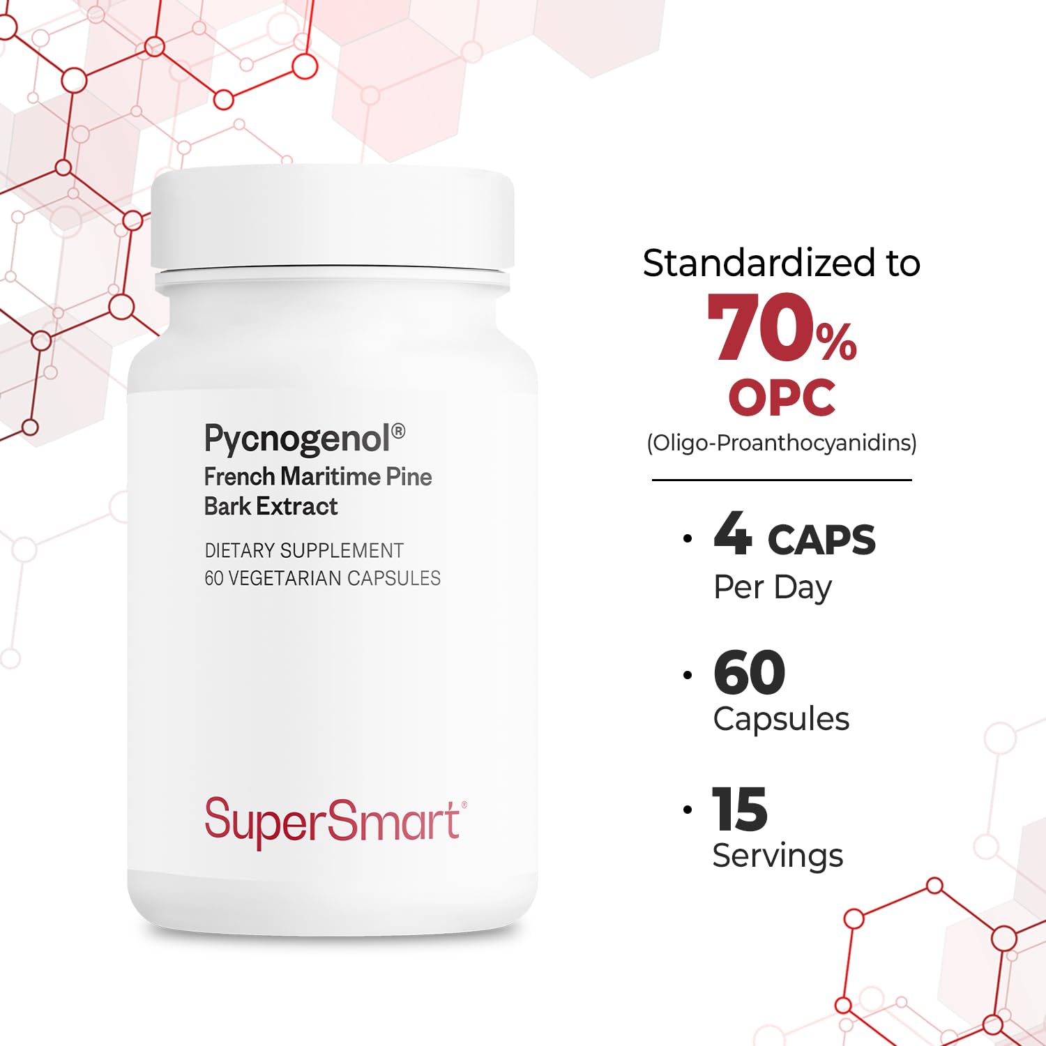 Open Supersmart Pycnogenol bottle with capsules ready for daily intake.