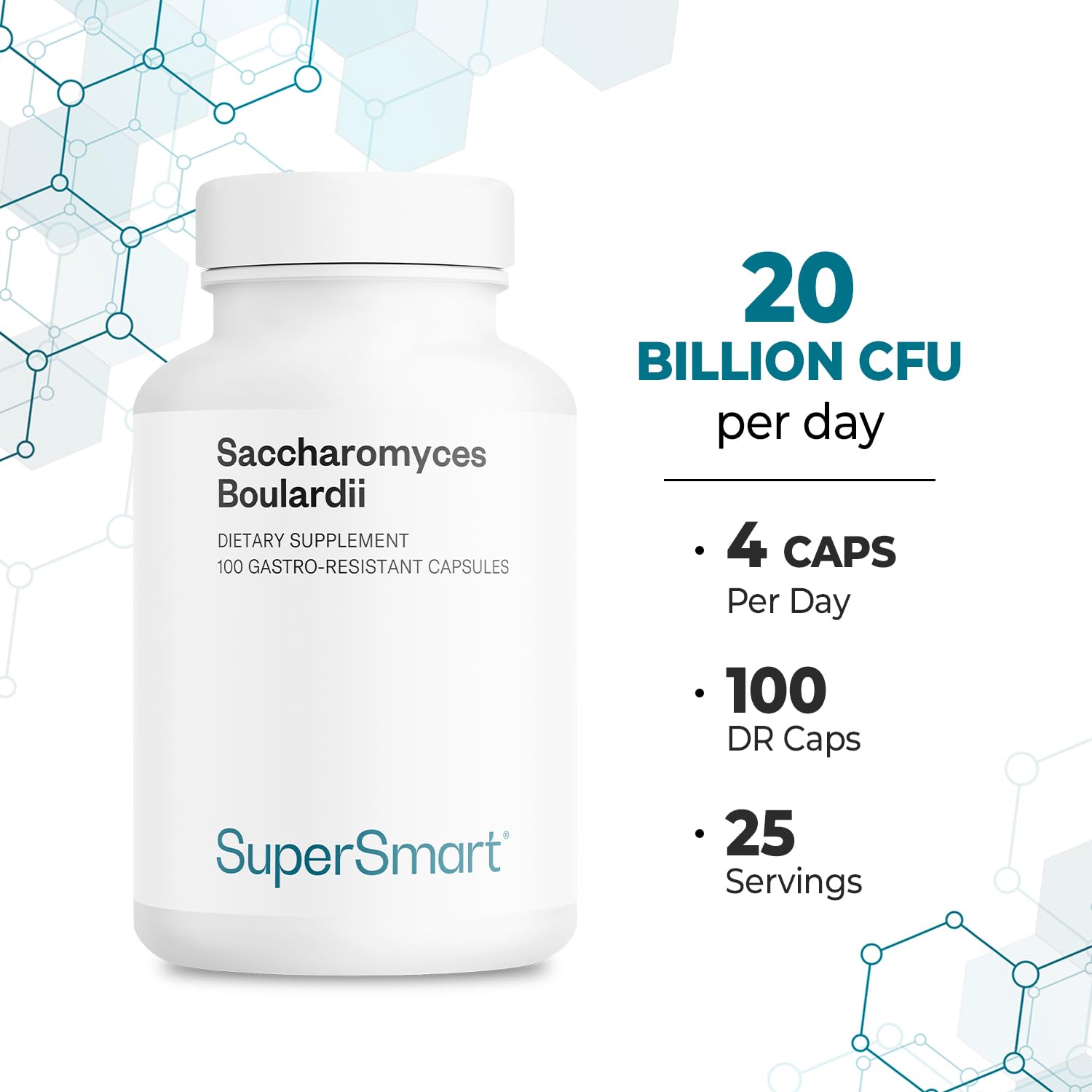 Supersmart Saccharomyces boulardii label emphasizing non-GMO and gluten-free
