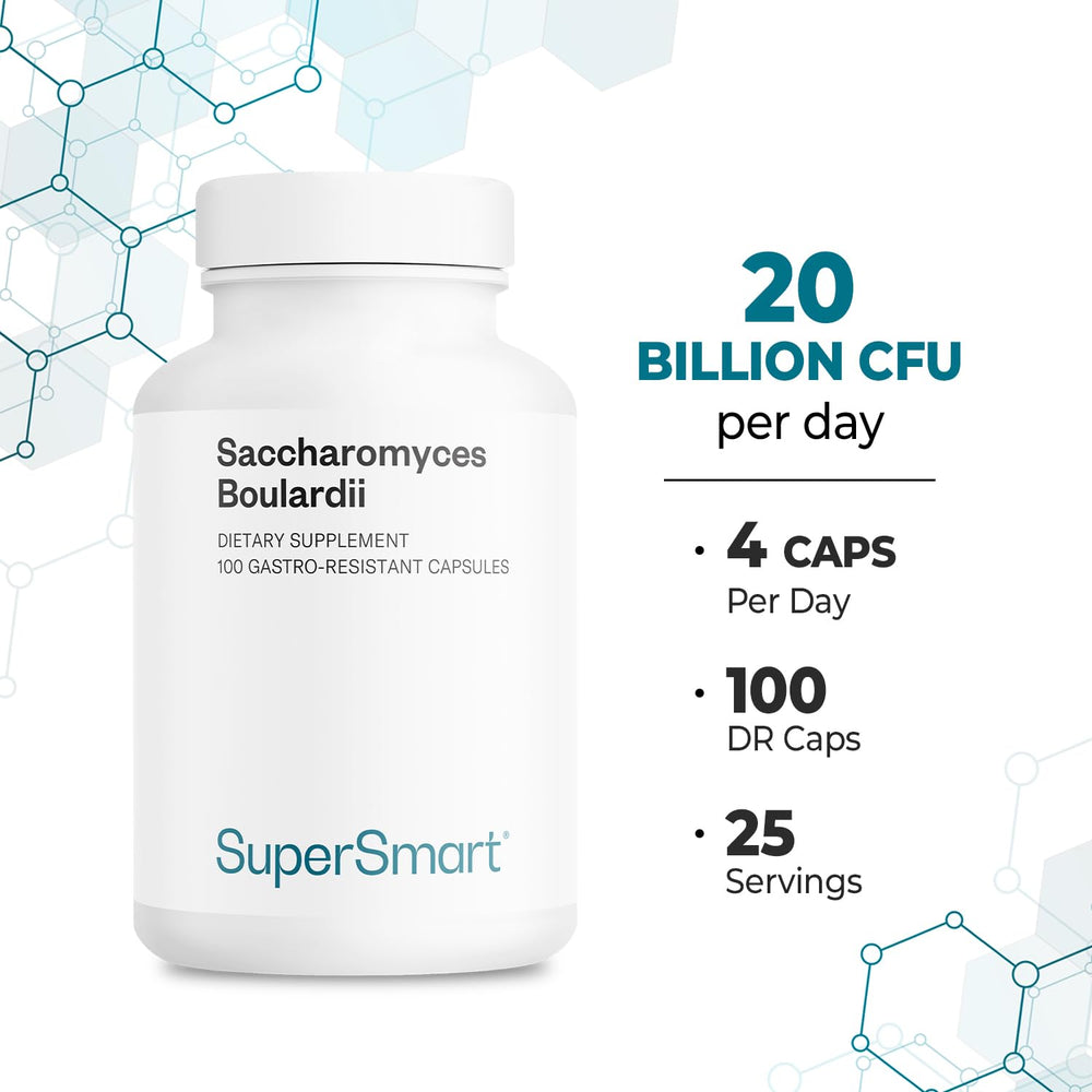 Supersmart Saccharomyces boulardii label emphasizing non-GMO and gluten-free