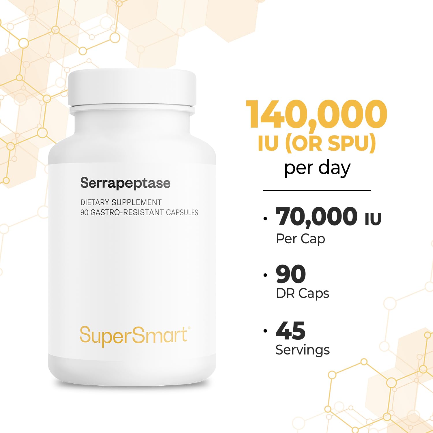 Supersmart Serrapeptase bottle on table suggests convenient daily routine.