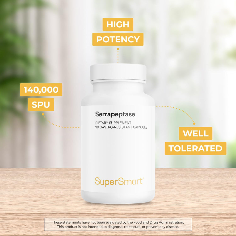 Supersmart Serrapeptase label view highlights vegan, gluten-free formula.