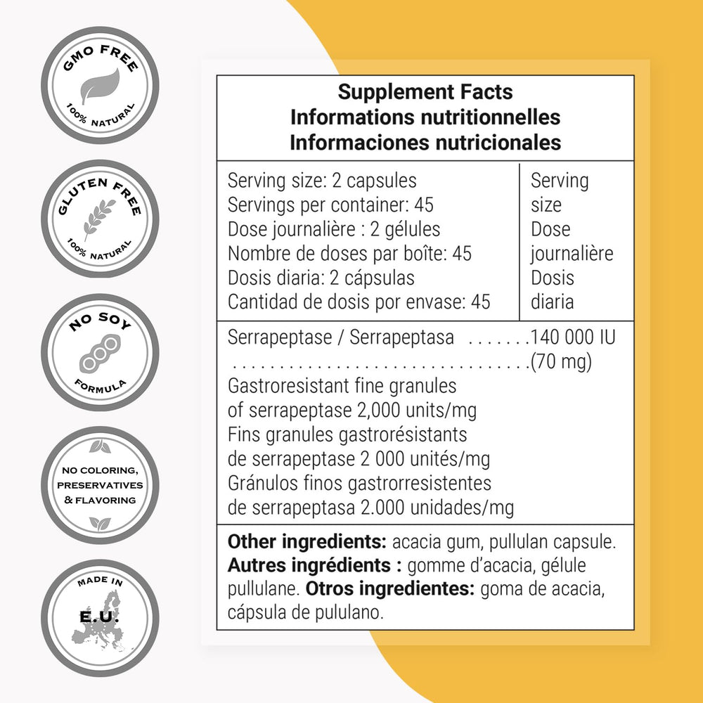 Supersmart Serrapeptase packaging emphasizes non-GMO and quality.