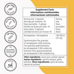 Supersmart Serrapeptase packaging emphasizes non-GMO and quality.