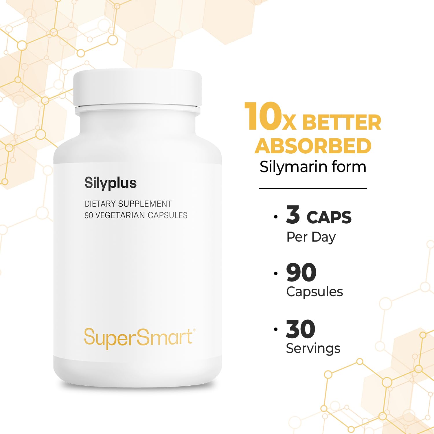 Daily dosage illustration for Supersmart SilyPlus showing three capsules per day.