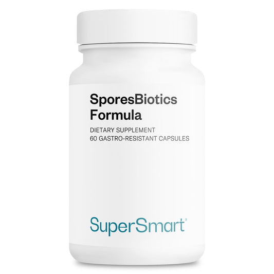 Supersmart SporesBiotics bottle front with gluten-free probiotic formula supports digestive balance.