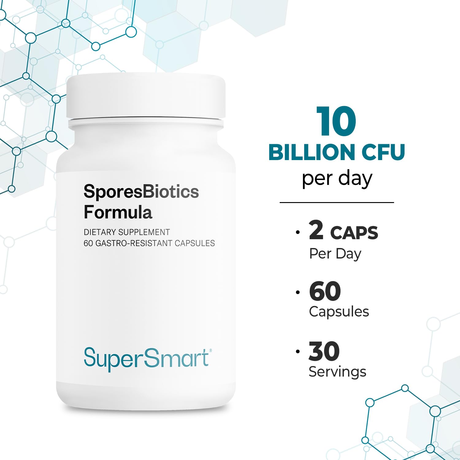 Box packaging shown with clear dosage and three Bacillus strains listed.