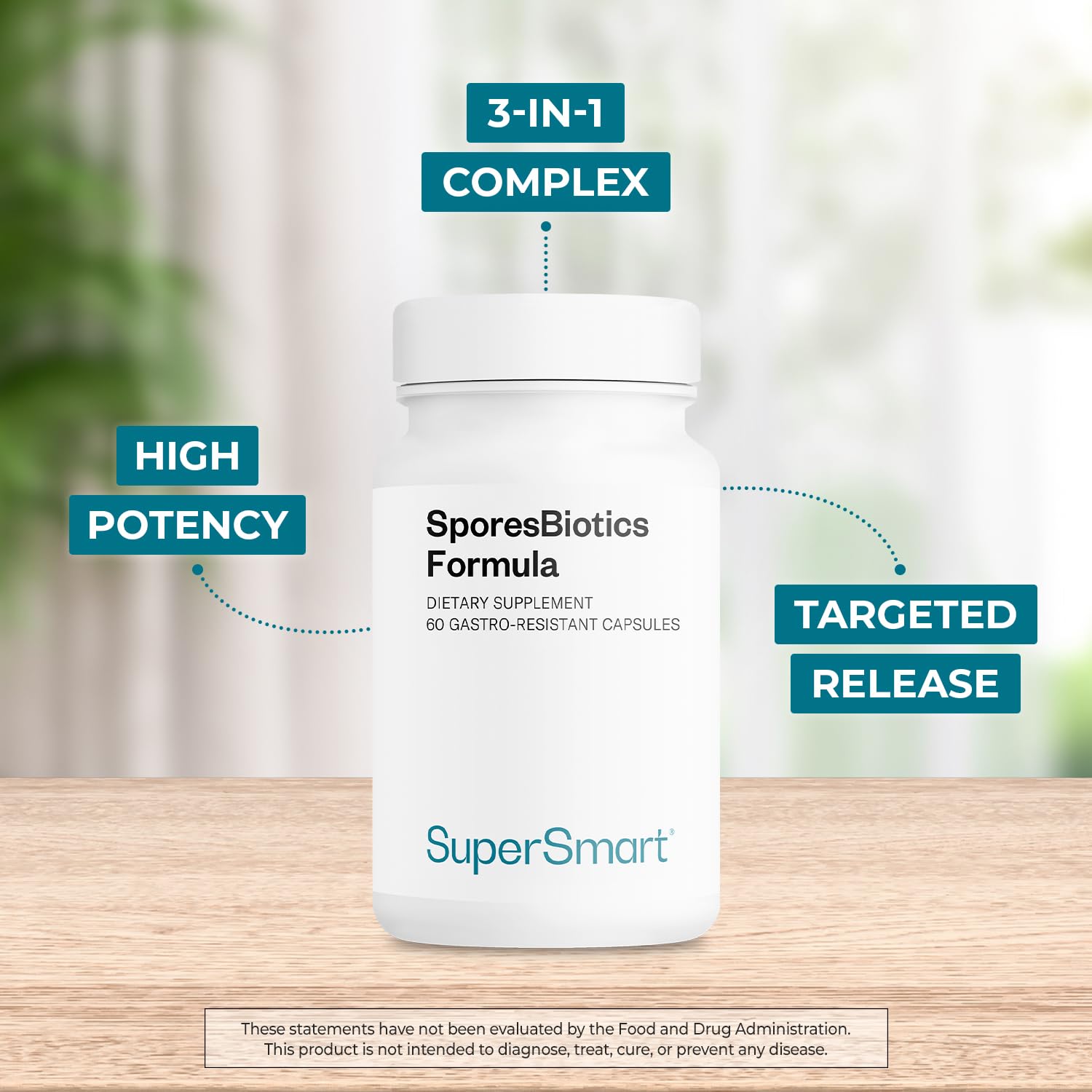 Capsules close-up showing 10 billion CFU per day for targeted intestinal delivery.