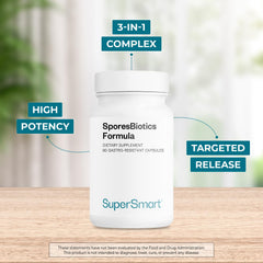 Capsules close-up showing 10 billion CFU per day for targeted intestinal delivery.