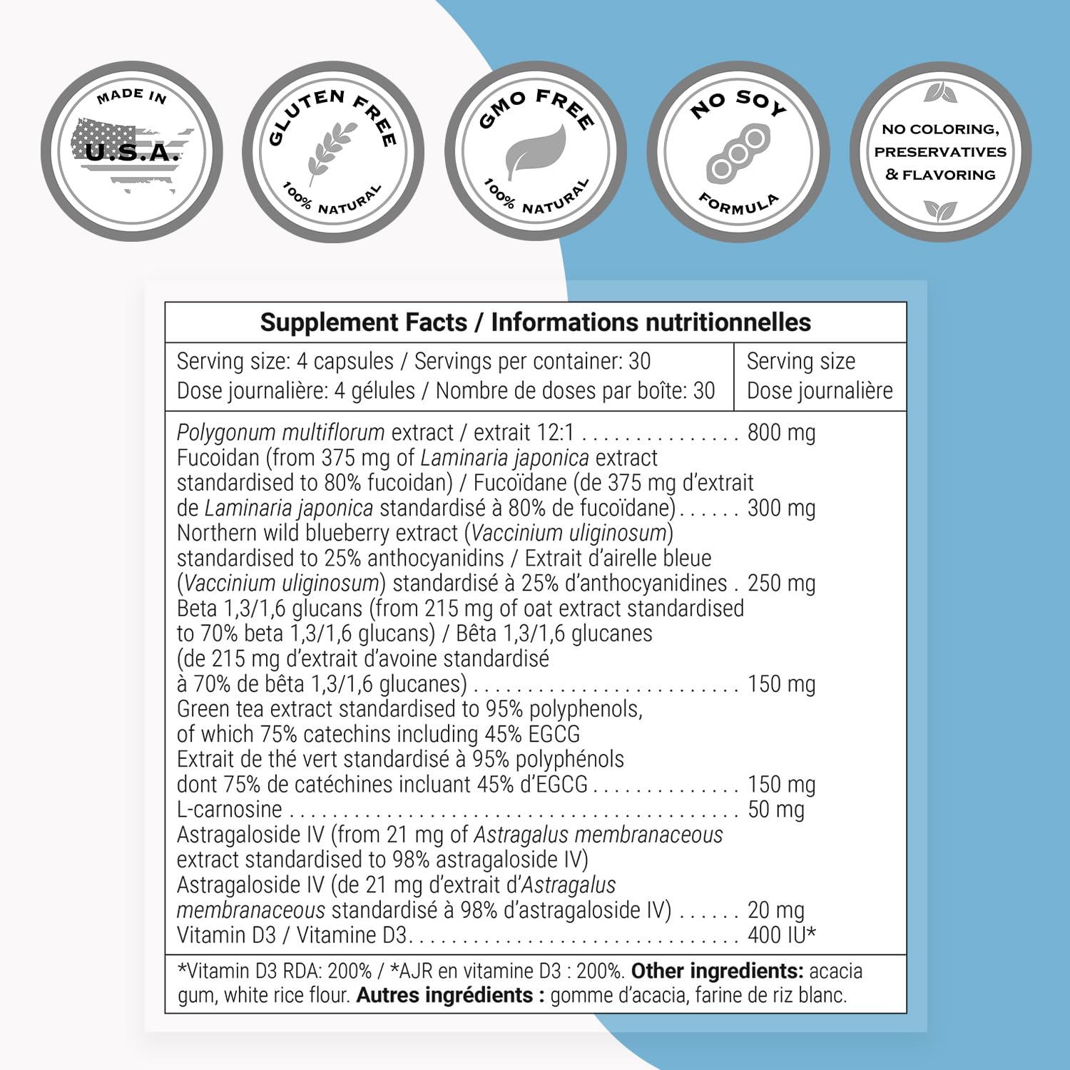 Supersmart Stem Cells Activator ingredients blend with astragaloside IV and fucoidan.