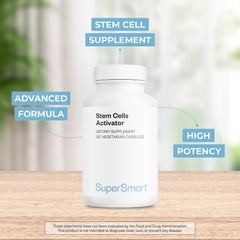 Supersmart Stem Cells Activator label highlighting key ingredients and benefits.