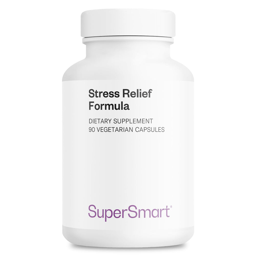 Supersmart Stress Relief Formula bottle with label promoting calm focus.