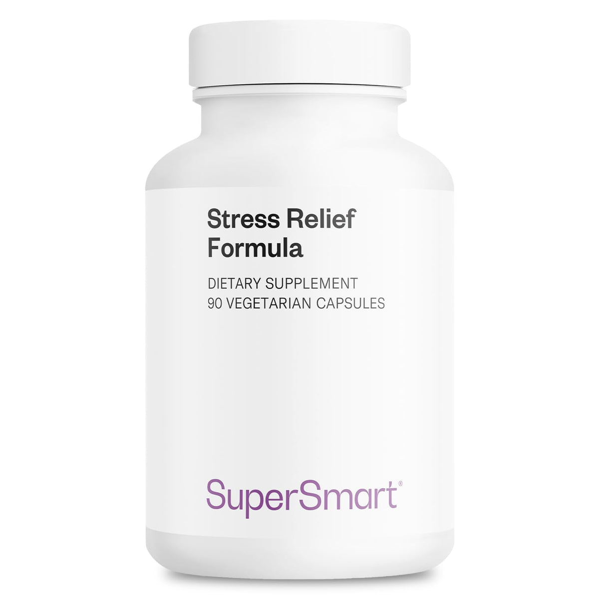 Supersmart Stress Relief Formula bottle with label promoting calm focus.