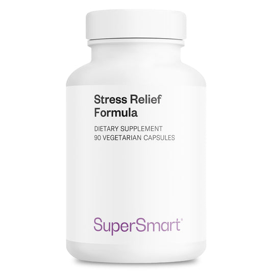 Supersmart Stress Relief Formula bottle with label promoting calm focus.