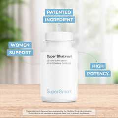 Supersmart Super Shatavari bottle label highlights Aspurus extract and vegan gluten-free benefits