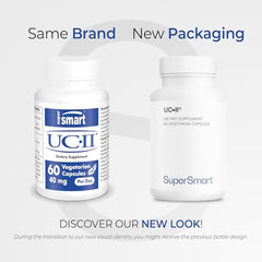 Closeup of Supersmart UC II capsules showing vegetarian, gluten-free formula.