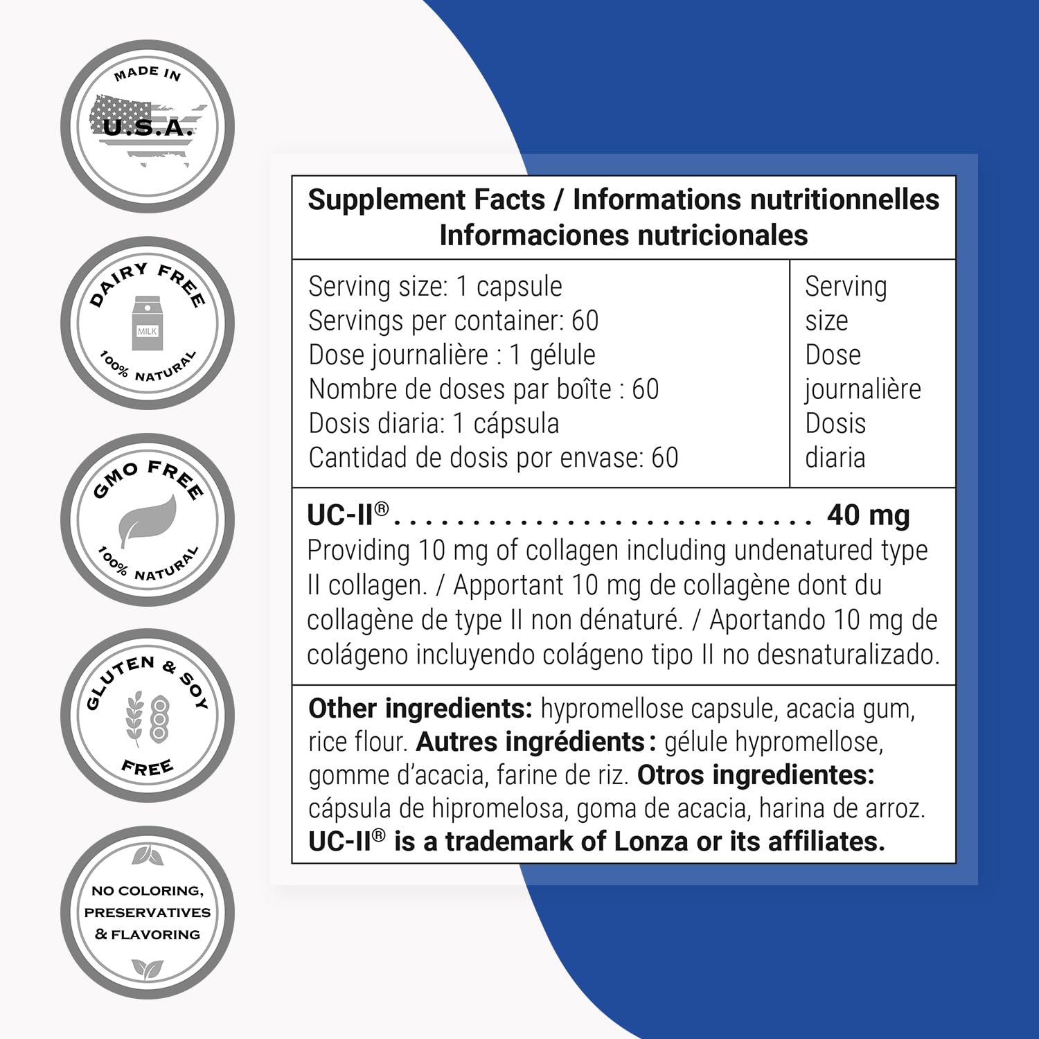 Non-GMO gluten-free icons on Supersmart UC II packaging.