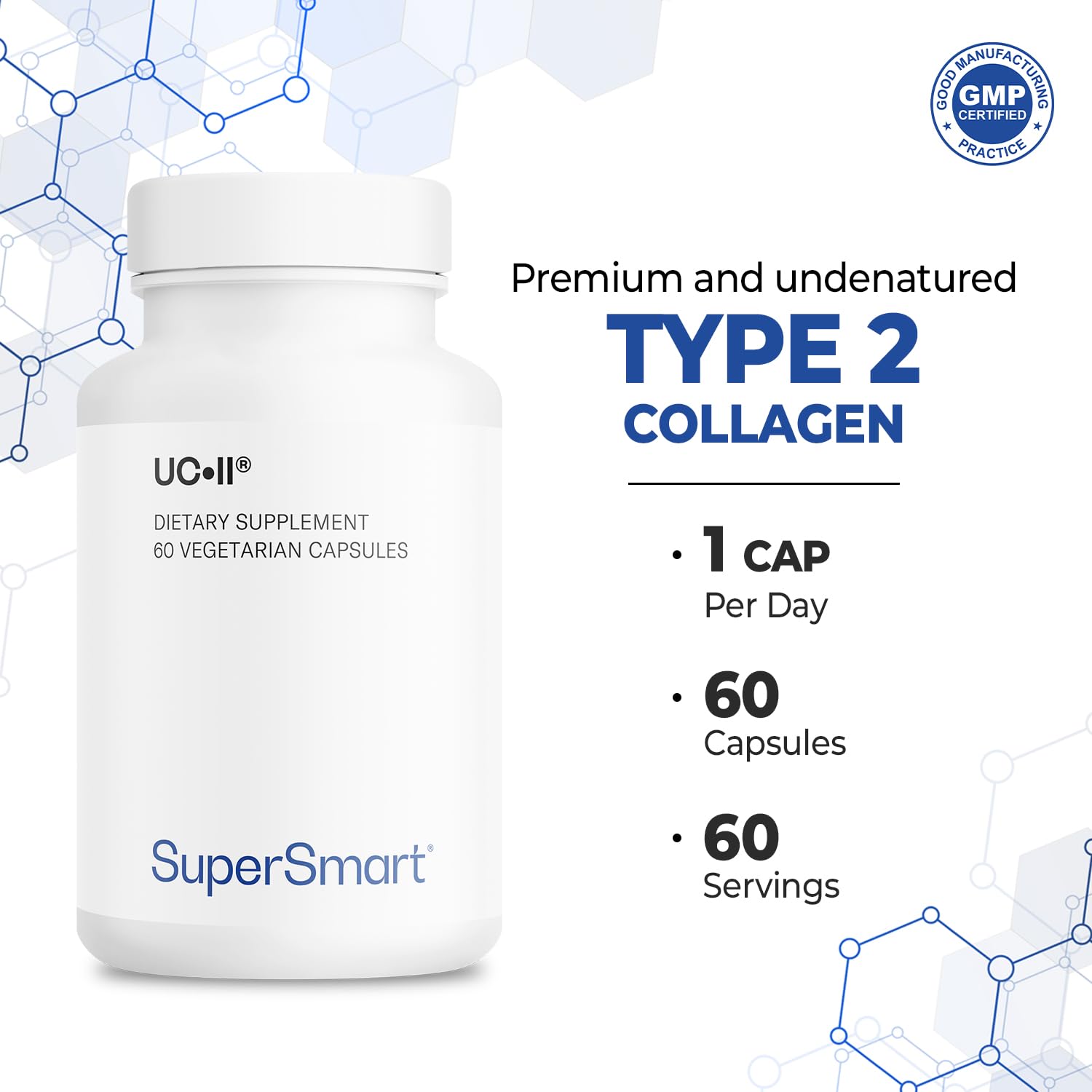 Vegetarian capsules ideal for daily use with Supersmart UC II.