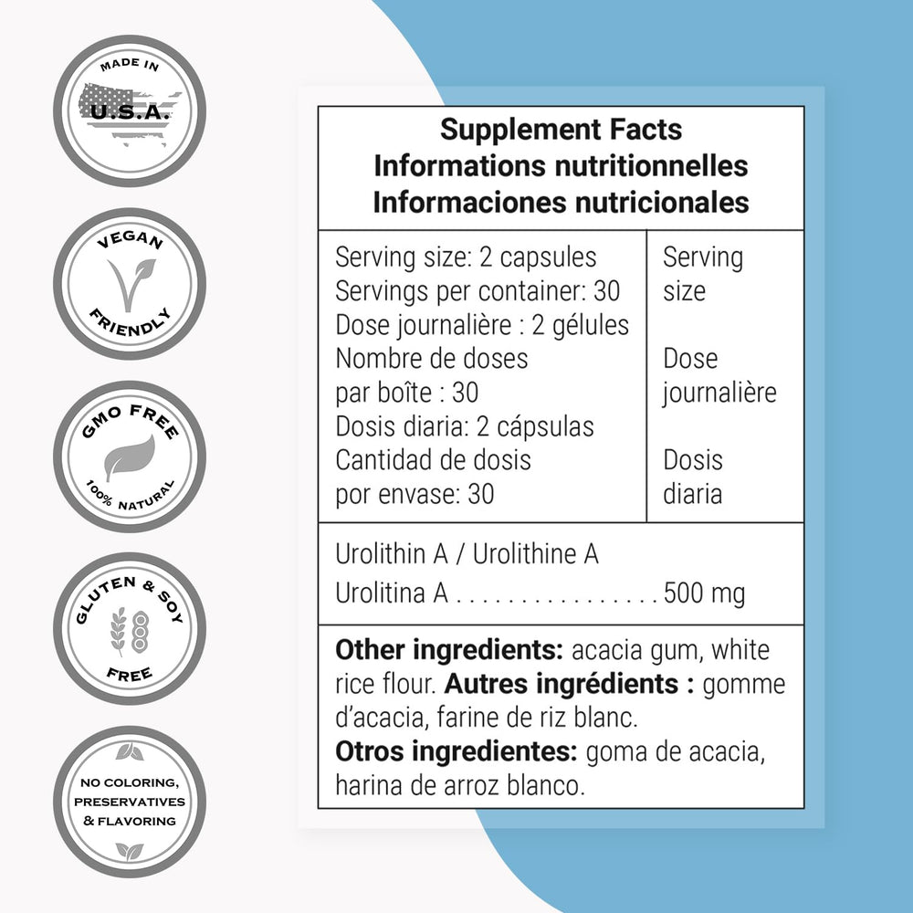 Supersmart Urolithin A ingredients highlight non-GMO and vegan formulation.