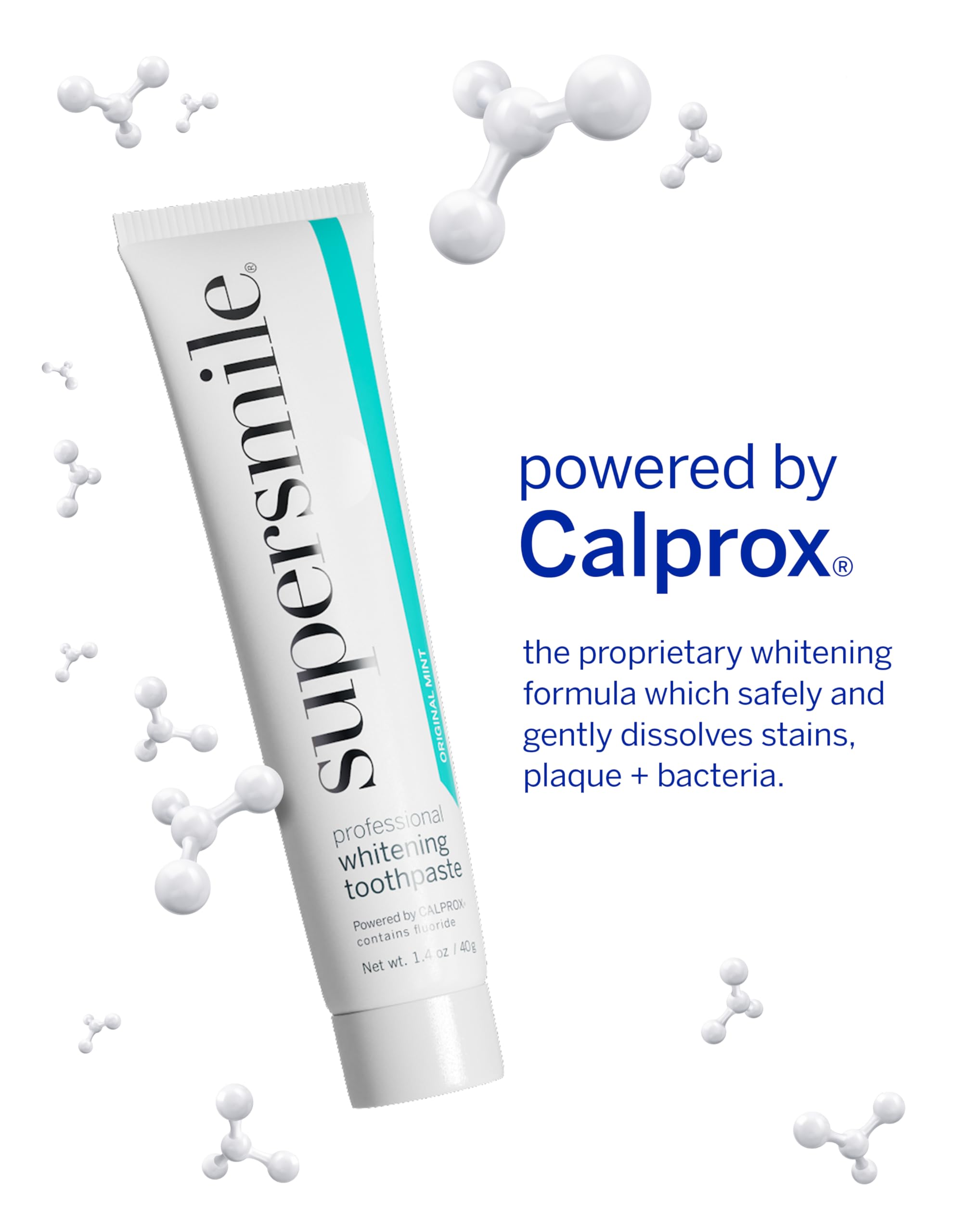 Supersmile Calprox detail on packaging highlights surface stain removal support.