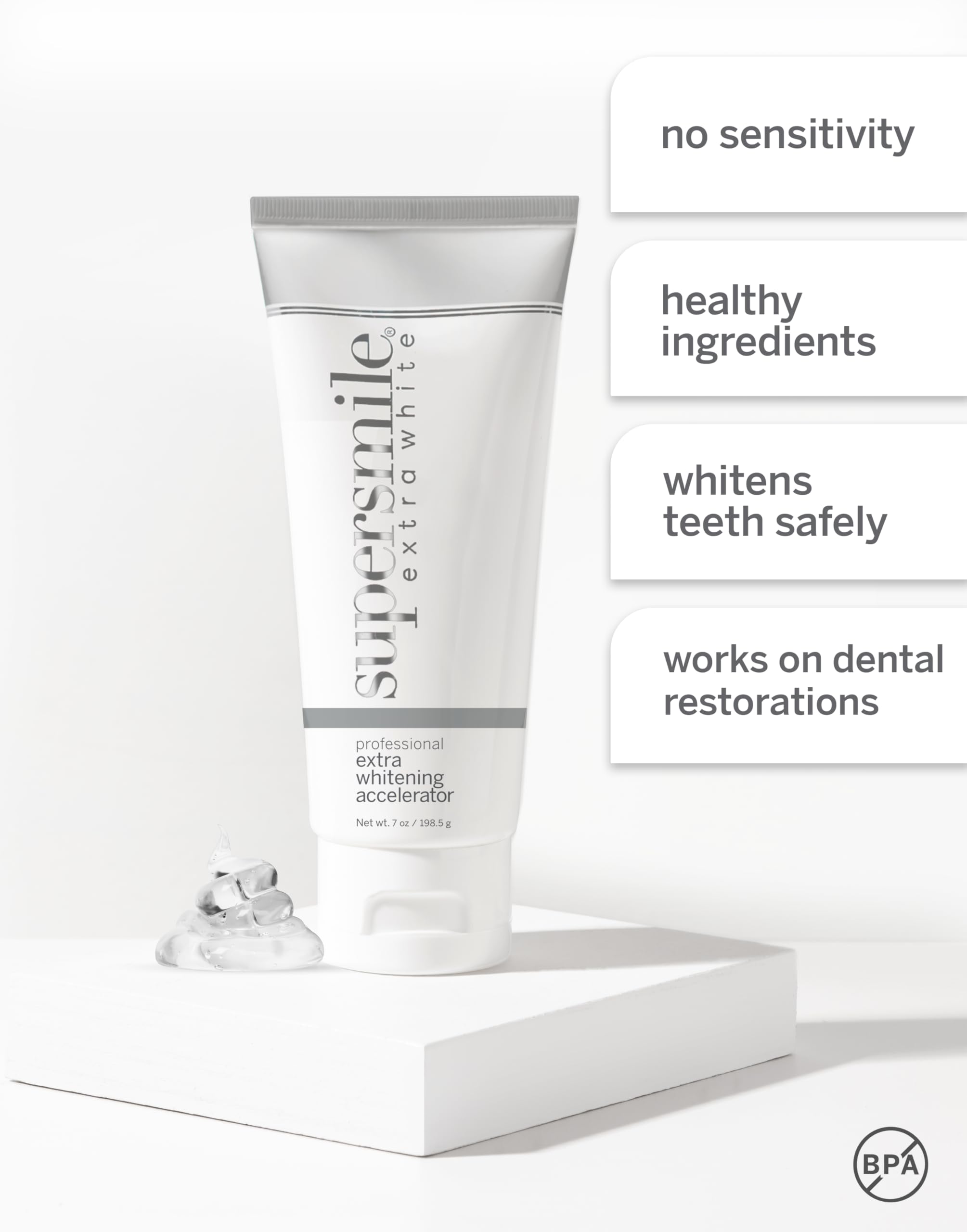 Supersmile Extra White application on teeth shows easy, mess-free daily use.