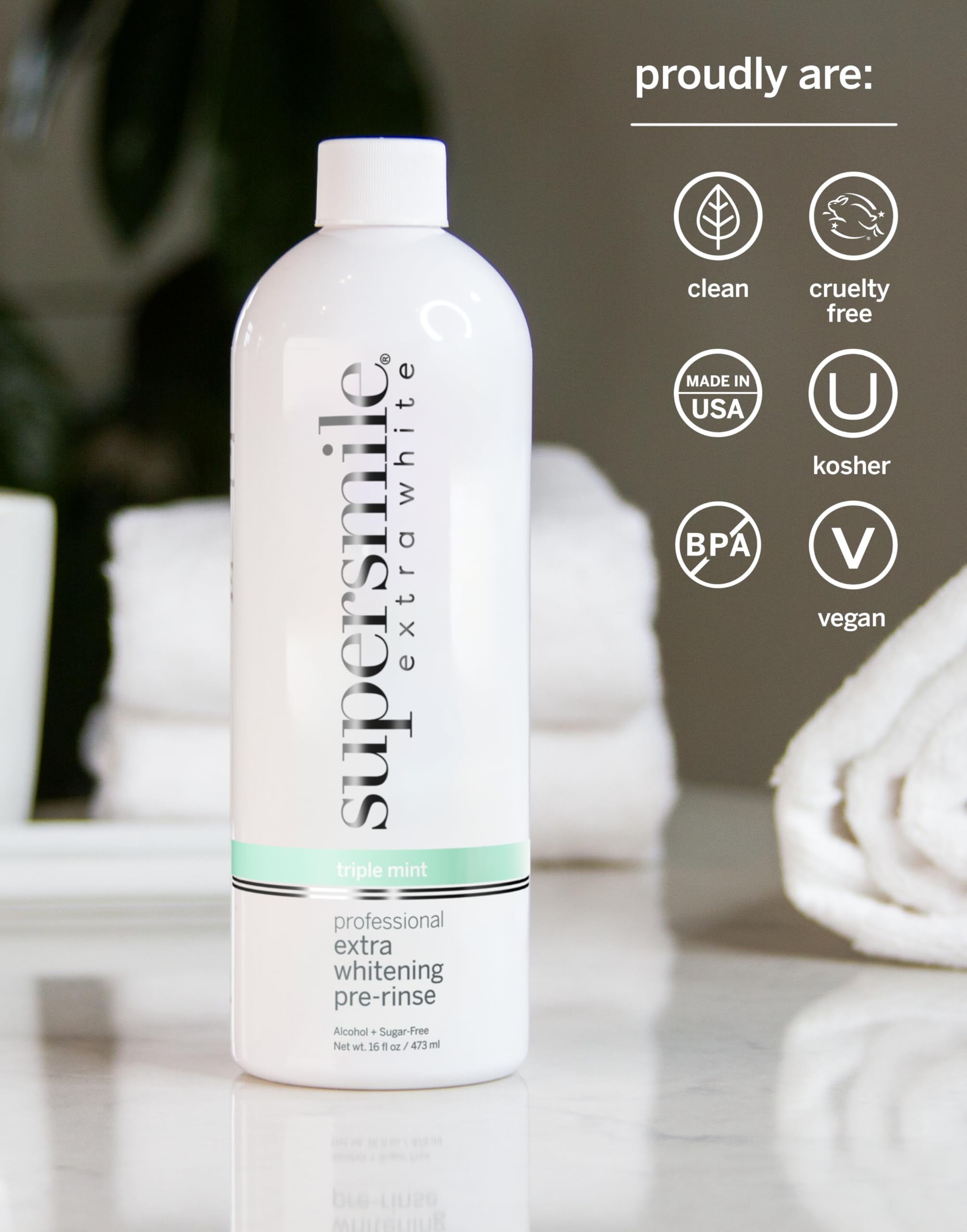 Supersmile Extra Whitening Pre-Rinse label close-up highlights premium Calprox formula