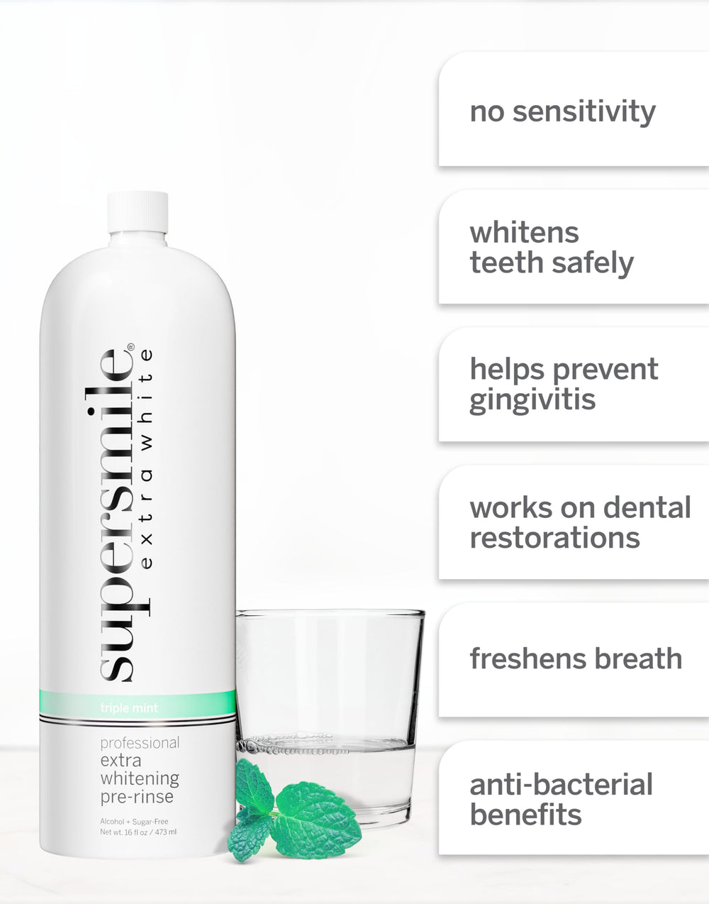 Supersmile Extra Whitening Pre-Rinse mint-foamer image suggests refreshing taste