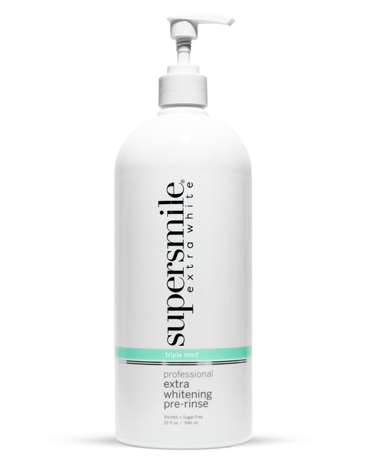 Supersmile Jumbo bottle front shows pre-rinse for brighter teeth