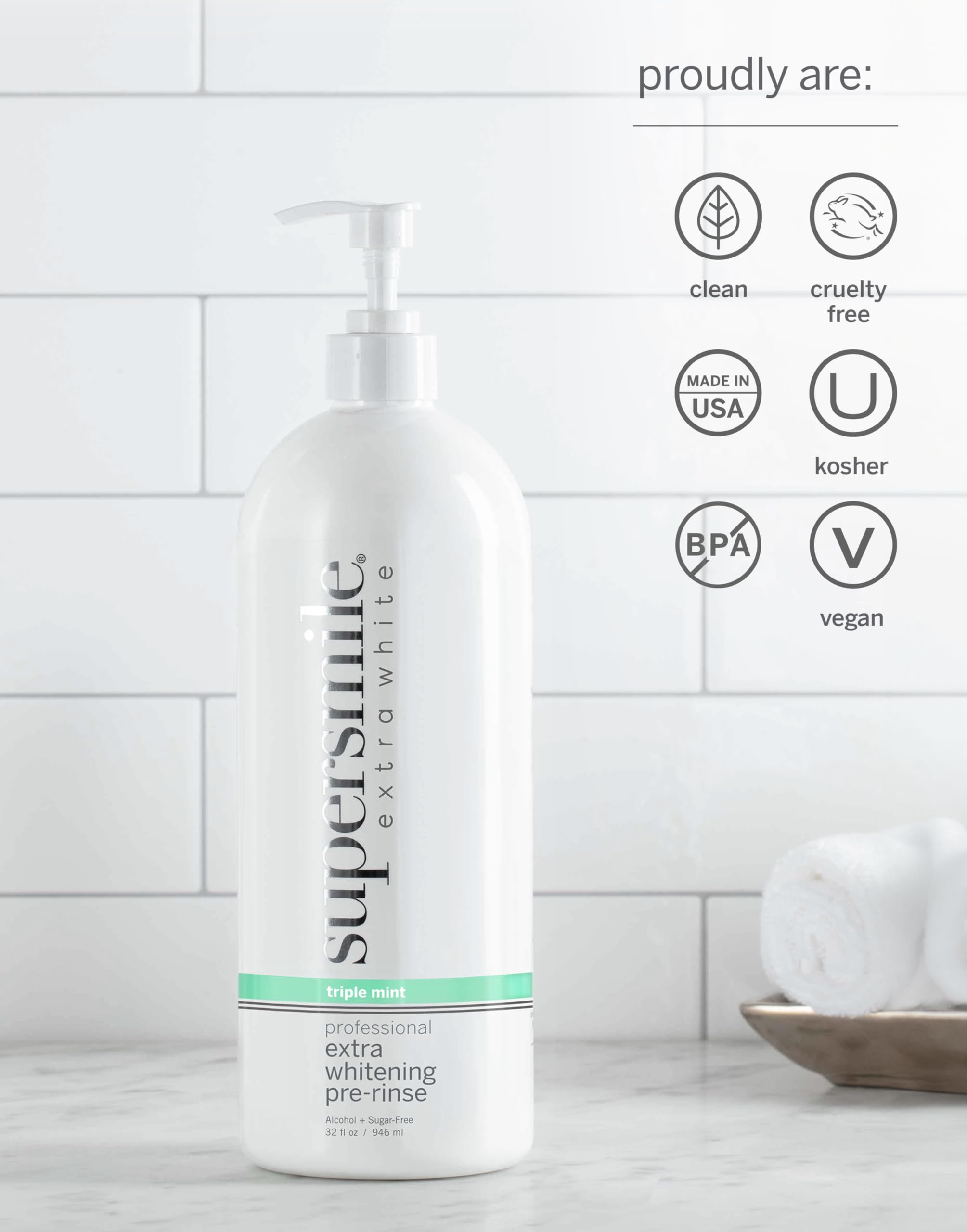Supersmile Jumbo label closeup highlights clinically formulated pre-rinse