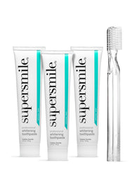 Supersmile Original Mint toothpaste tube closeup for a refreshing morning routine.
