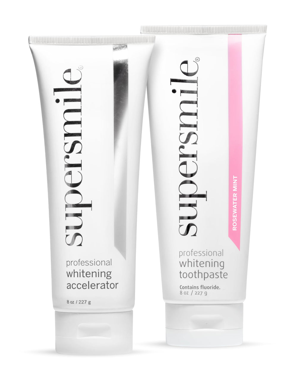Supersmile Rosewater Mint whitening system packshot highlights the two-step routine for professional whitening.