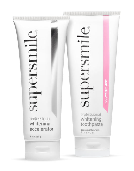 Supersmile Rosewater Mint whitening system packshot highlights the two-step routine for professional whitening.