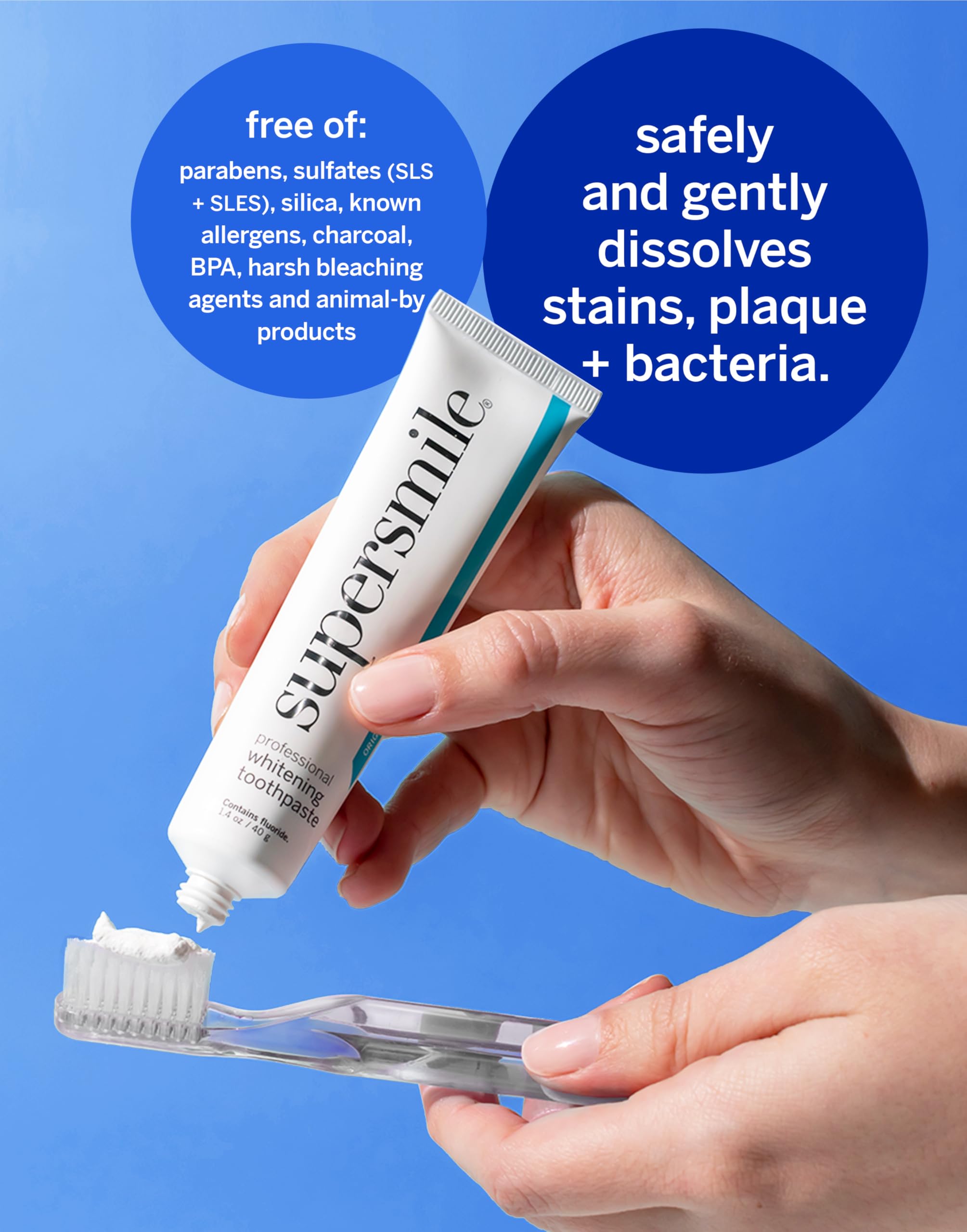 Supersmile toothpaste trio with brush on counter for daily care.