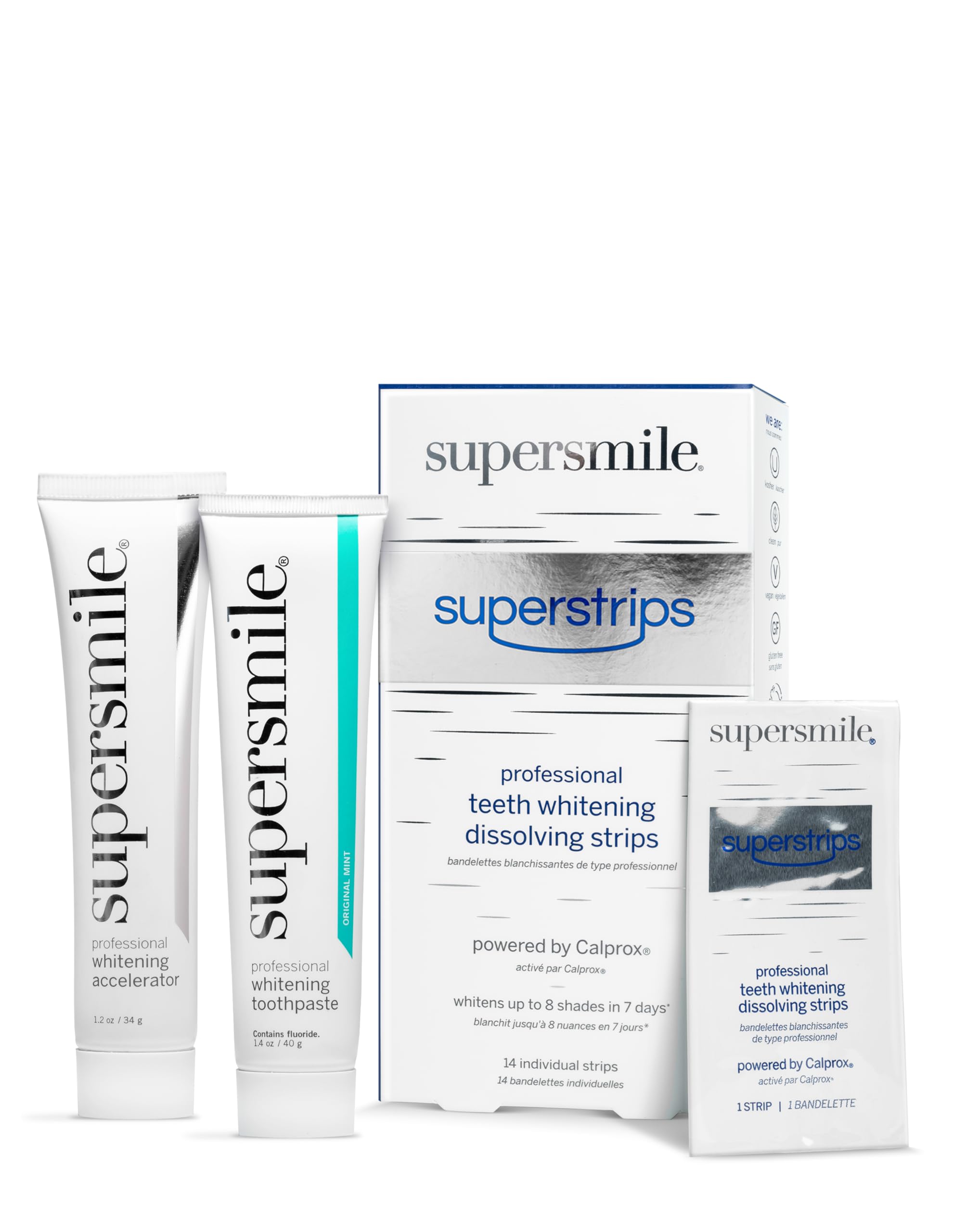 Supersmile toothpaste tube in whitening system for daily brightening.