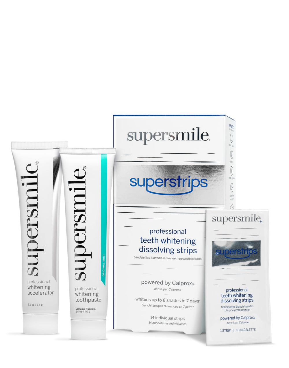 Supersmile toothpaste tube in whitening system for daily brightening.