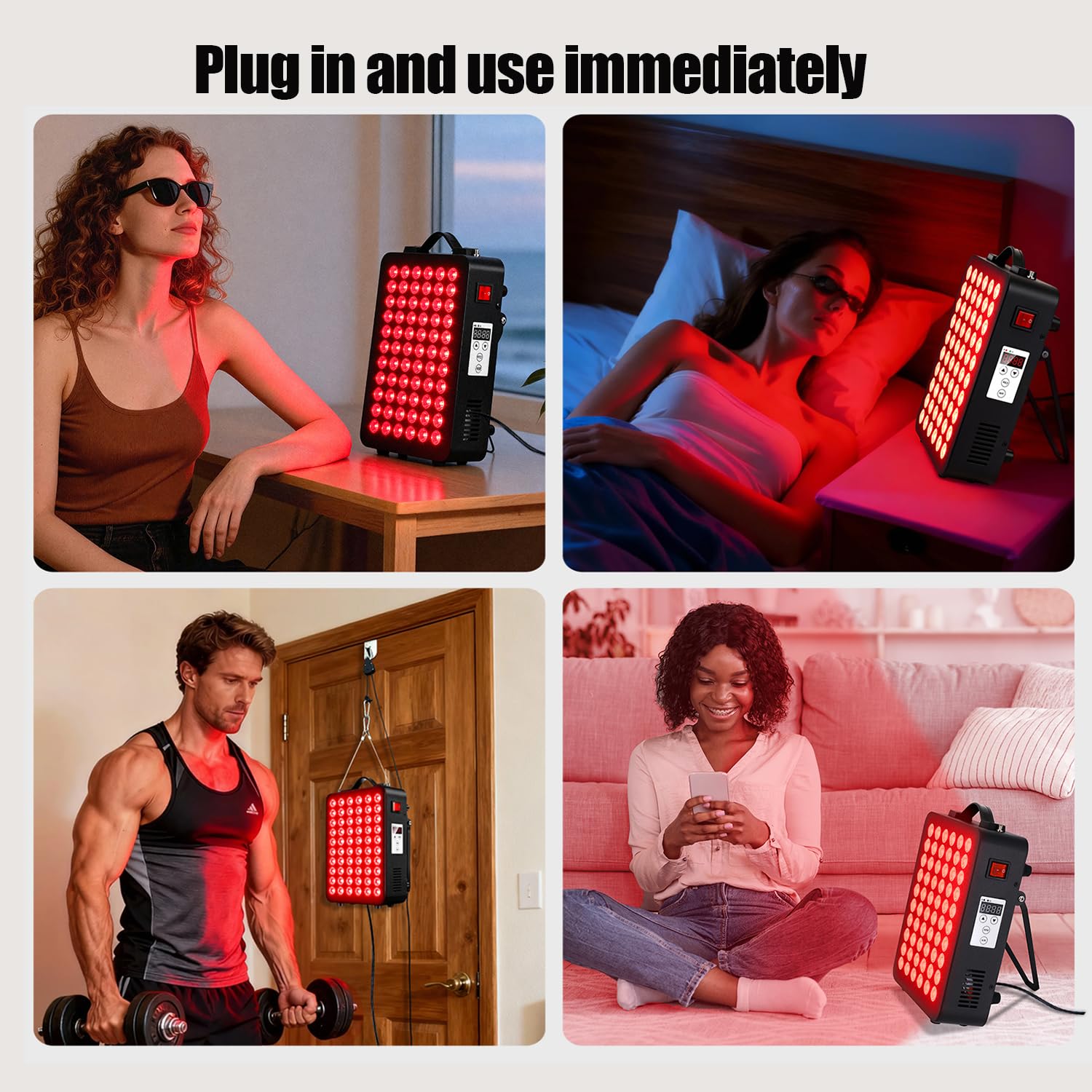 Supersred therapy panel side view on portable stand for easy setup at home.