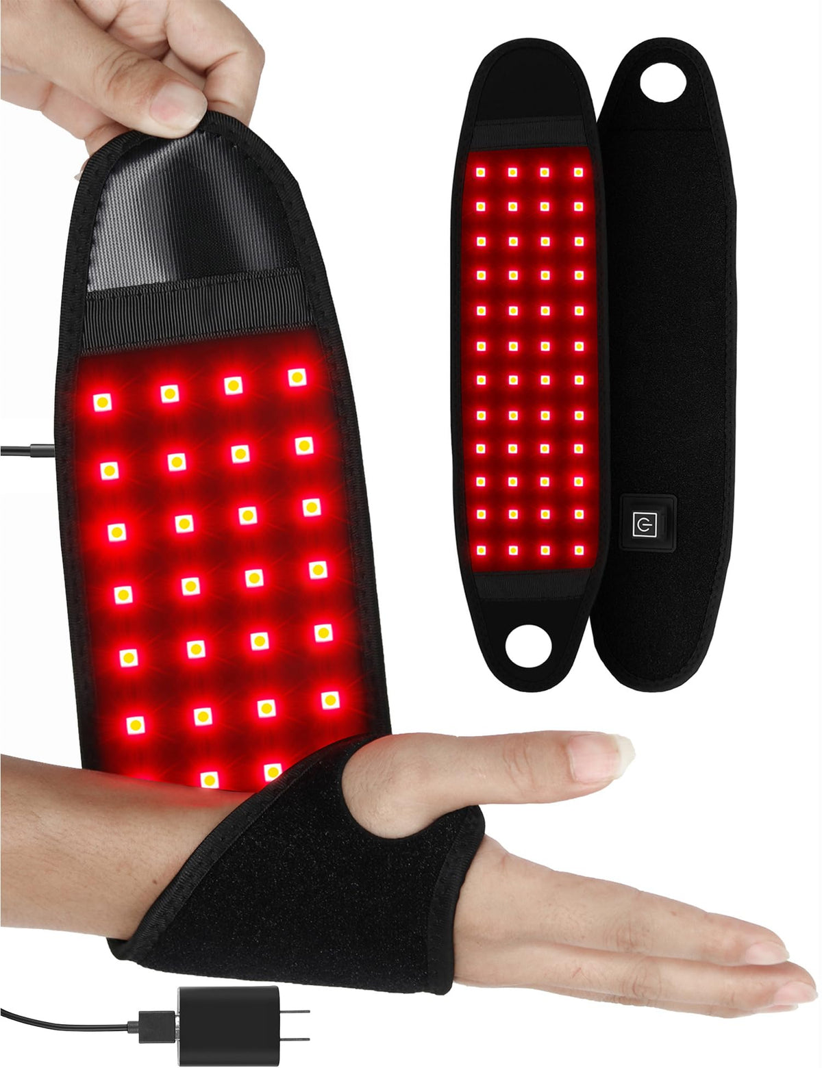 Supersred Therawrap wrist wrap close-up with dual LEDs for at-home light therapy