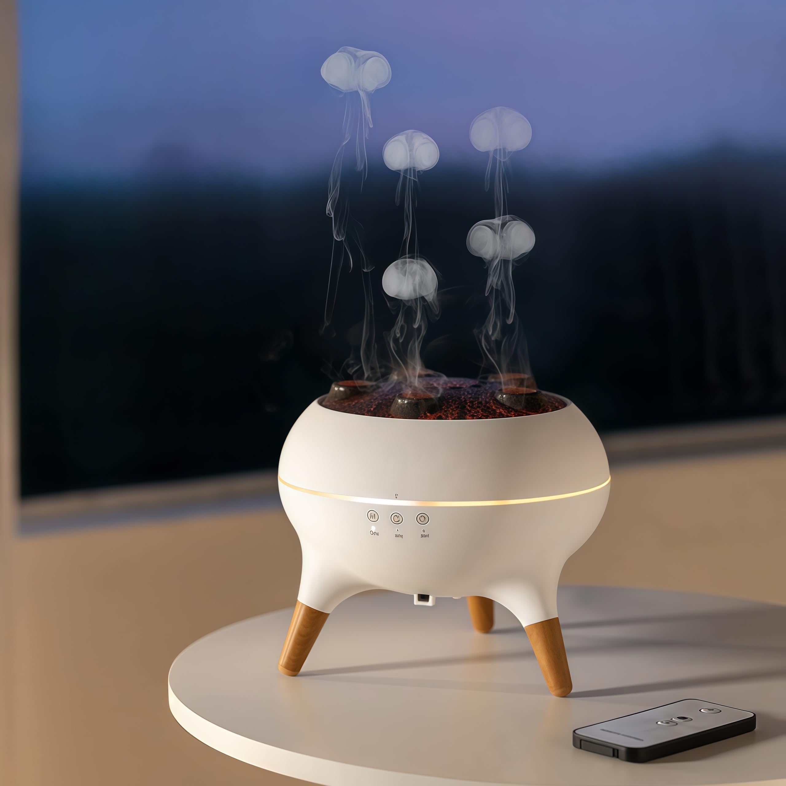 SUPNOVA jellyfish diffuser front view with Tang-inspired decor.