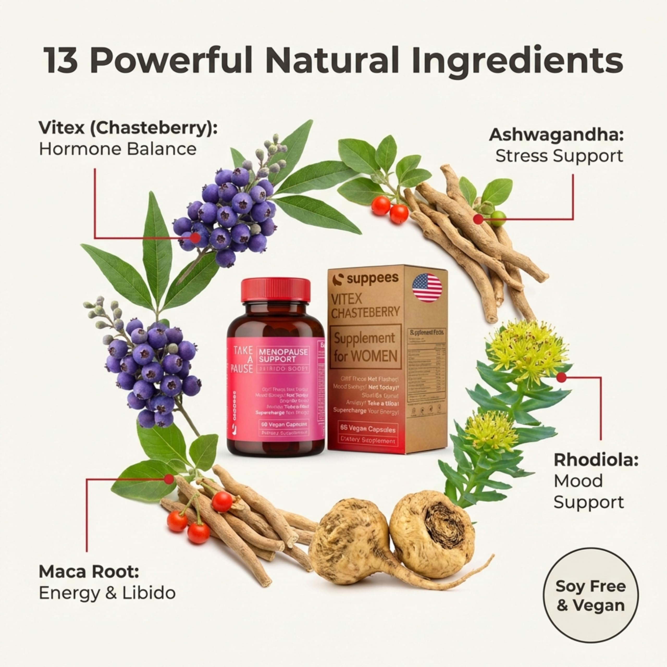 Packaging box for Suppees Vitex Chasteberry showing vegan and gluten-free formula.